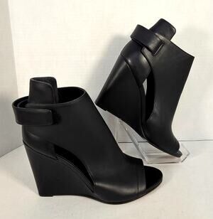Vince Katia Black Leather Cutout Wedge Booties Peep Toe Sandals Italy 9M
